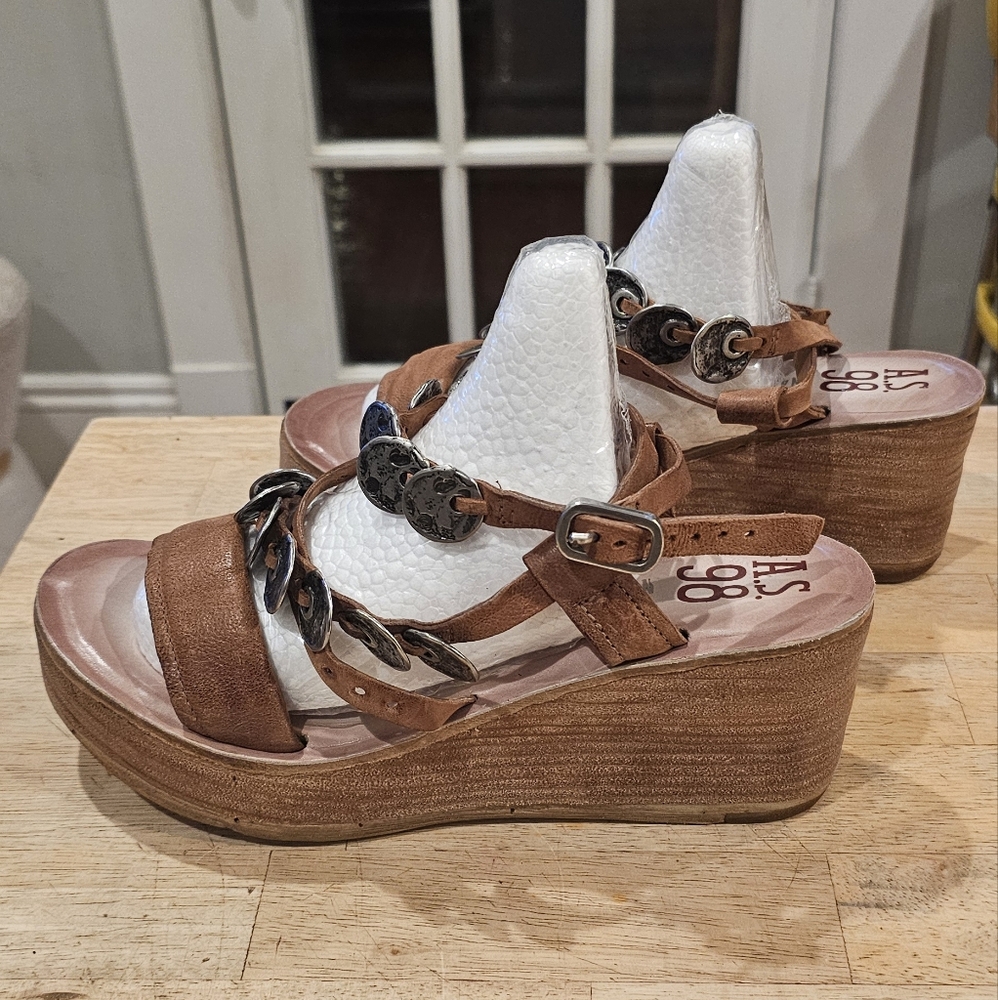 AS 98 Sandals 40 Wedge Leather Tan Sandals Boho Strap Ankle Noah - Picture 5 of 10